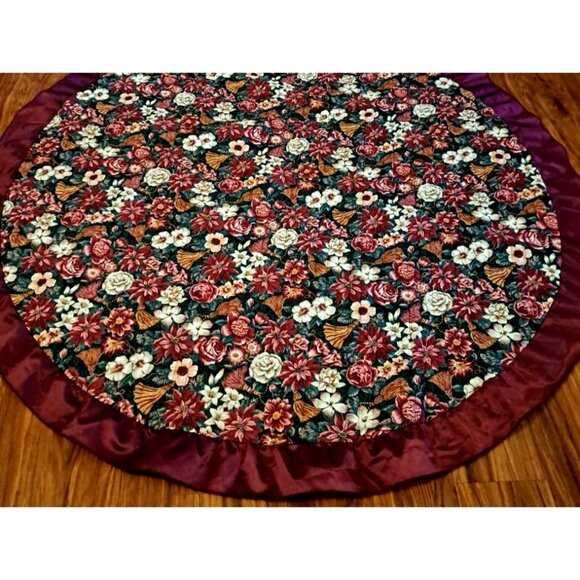 Vintage Christmas Tree Skirt Tablecloth Burgundy Satin Trim Quilted Floral 57" - Picture 1 of 4